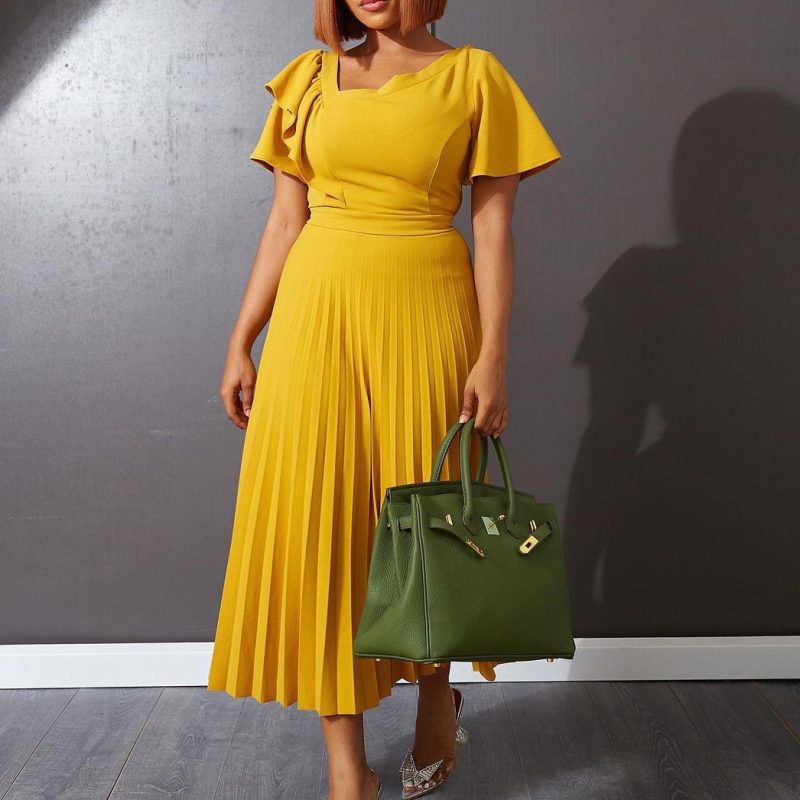 This Plus Size Women Ruffle Short Sleeve Sloping Shoulder Elegant Pleated Dress Design Made Of High Quality Polyster And Spandex Material