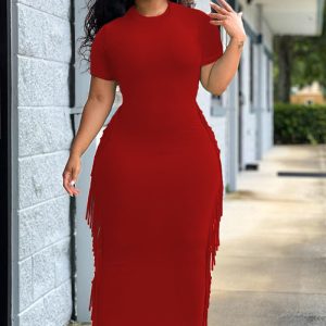 This Plus Size Women Sexy Fringe Solid Color Dress Design Made Of High Quality Polyster And Spandex Material