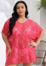 This Plus Size Women Sexy Lace Hollow See-Through v-Neck Slit Beach Dress Is Made Of Good Quality Lycra And Spandex Fabric