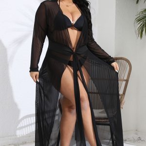 This Plus Size Women Sexy See-Through Mesh Lace-Up Sun Cover-Up Is Made Of Good Quality Lycra And Spandex Fabric