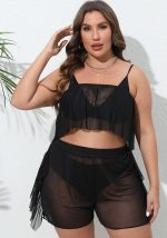 This Plus Size Women Sexy See-Through Mesh Ruffled Beach Cover-Up Two-Piece Set Is Made Of Good Quality Lycra And Spandex Fabric