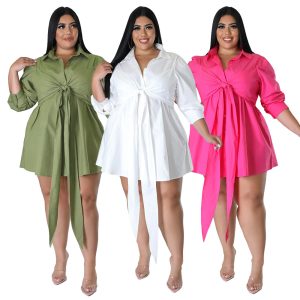 This Plus Size Women Sexy Solid Tie Long Sleeve Shirt Dress Made Of Soft And Elastic Fabric. Global Lover Wholesale Plus Size Dresses And Hope Curvy Ladies Find Here a Warm And Exciting Place To Shop Affordable Curvy Dresses Online - Plus Size Casual