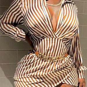 This Plus Size Women Sexy Striped Shirt Dress Design Made Of High Quality Polyster And Spandex Material. It Is Stretchy