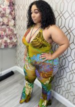 This Plus Size Women Sexy Suspender Print Jumpsuit Design Made Of High Quality Polyster And Spandex Material. It Is Stretchy