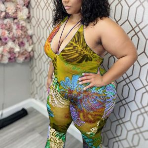 This Plus Size Women Sexy Suspender Print Jumpsuit Design Made Of High Quality Polyster And Spandex Material. It Is Stretchy