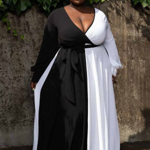 This Plus Size Women Sexy v-Neck Color Block Long Sleeve Dress Made Of Soft And Elastic Fabric. Global Lover Wholesale Plus Size Dresses And Hope Curvy Ladies Find Here a Warm And Exciting Place To Shop Affordable Curvy Dresses Online - Plus Size Casual