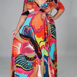 This Plus Size Women Sexy v-Neck Printed Dress Made Of Soft And Elastic Fabric. Global Lover Wholesale Plus Size Dresses And Hope Curvy Ladies Find Here a Warm And Exciting Place To Shop Affordable Curvy Dresses Online - Plus Size Casual