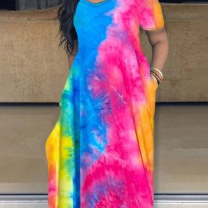 This Plus Size Women Short Sleeve Tie Dye Dress Made Of Soft And Elastic Fabric. Global Lover Wholesale Plus Size Dresses And Hope Curvy Ladies Find Here a Warm And Exciting Place To Shop Affordable Curvy Dresses Online - Plus Size Casual