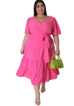 This Plus Size Women Short Sleeve v Neck Solid Belt Loose Maxi Dress Made Of Soft And Elastic Fabric. Global Lover Wholesale Plus Size Dresses And Hope Curvy Ladies Find Here a Warm And Exciting Place To Shop Affordable Curvy Dresses Online - Plus Size Casual