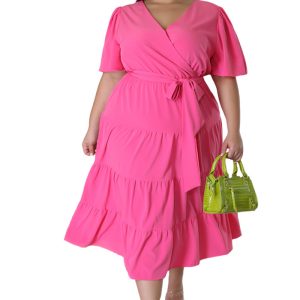 This Plus Size Women Short Sleeve v Neck Solid Belt Loose Maxi Dress Made Of Soft And Elastic Fabric. Global Lover Wholesale Plus Size Dresses And Hope Curvy Ladies Find Here a Warm And Exciting Place To Shop Affordable Curvy Dresses Online - Plus Size Casual