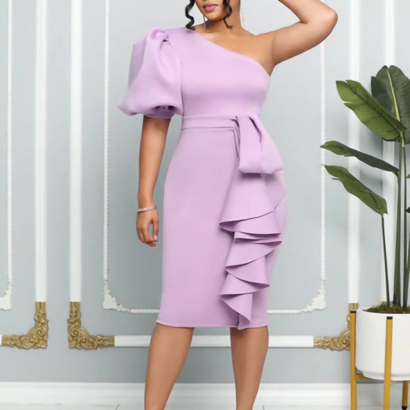 This Plus Size Women Slash Shoulder Puff Sleeve Bodycon Dress Design Made Of Good Quality Polyster And Spandex Material