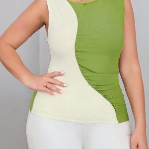 Questo Plus Size donne senza maniche maglia Patchwork contrasto colore canotta fatta di tessuto confortevole ed elastico. E 'all'ingrosso Top Sexy Plus Size per le donne. Con la graduale ascesa di consapevolezza femminista