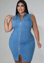 This Plus Size Women Sleeveless Zip Denim Dress Made Of Soft And Elastic Fabric. Global Lover Wholesale Plus Size Dresses And Hope Curvy Ladies Find Here a Warm And Exciting Place To Shop Affordable Curvy Dresses Online - Plus Size Casual