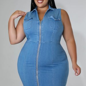 This Plus Size Women Sleeveless Zip Denim Dress Made Of Soft And Elastic Fabric. Global Lover Wholesale Plus Size Dresses And Hope Curvy Ladies Find Here a Warm And Exciting Place To Shop Affordable Curvy Dresses Online - Plus Size Casual