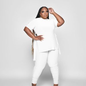 This Plus Size Women Slit Lace-Up Short Sleeve Top+Long Pants Two Piece Design And Made Of Comfortable And Elastic Fabric. Wholesale Plus Size Two Piece Sets Is a Must-Have Item For Curvy Ladies. Two Piece Sets Can Either Be Worn Together Or Individually