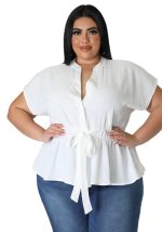 This Plus Size Women Solid Belt Short Sleeve Shirt Made Of Comfortable And Elastic Fabric. It Is Wholesale Sexy Plus Size Tops For Women. With The Gradual Rise Of Feminist Awareness