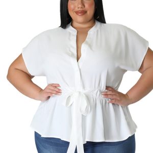 This Plus Size Women Solid Belt Short Sleeve Shirt Made Of Comfortable And Elastic Fabric. It Is Wholesale Sexy Plus Size Tops For Women. With The Gradual Rise Of Feminist Awareness