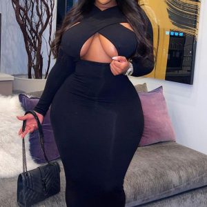 This Plus Size Women Solid Cutout Long Sleeve Casual Dress Made Of Soft And Elastic Fabric. Global Lover Wholesale Plus Size Dresses And Hope Curvy Ladies Find Here a Warm And Exciting Place To Shop Affordable Curvy Dresses Online - Plus Size Casual