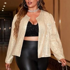 This Plus Size Women Solid Sequin Round Neck Long Sleeve Jacket Made Of Comfortable And Soft Fabric. It Is a Must-Have Item For Curvy Ladies In Autumn And Winter. Global Lover Offer All Kinds Of Women¡¯s Plus Size Coat And Hope Curvy Ladies Find Here a Warm And Exciting Place To Shop - Wholesale Plus Size Jackets