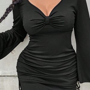 This Plus Size Women Solid Sexy v Neck Long Sleeve Bodycon Dress Made Of Soft And Elastic Fabric. Global Lover Wholesale Plus Size Dresses And Hope Curvy Ladies Find Here a Warm And Exciting Place To Shop Affordable Curvy Dresses Online - Plus Size Casual