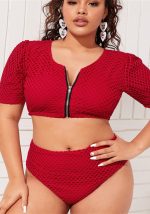 This Plus Size Women Solid Zip Half Sleeve Bikini Swimwear Is Made Of Good Quality Lycra And Spandex Fabric