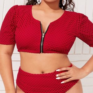 This Plus Size Women Solid Zip Half Sleeve Bikini Swimwear Is Made Of Good Quality Lycra And Spandex Fabric