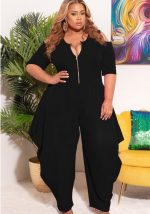 This Plus Size Women Solid Zip Short Sleeve Jumpsuit Design Made Of High Quality Polyster And Spandex Material. It Is Stretchy