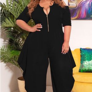 This Plus Size Women Solid Zip Short Sleeve Jumpsuit Design Made Of High Quality Polyster And Spandex Material. It Is Stretchy