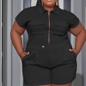 This Plus Size Women Solid Zipper Turndown Collar Pocket Top And Short Two-Piece Set Design And Made Of Comfortable And Elastic Fabric. Wholesale Plus Size Two Piece Sets Is a Must-Have Item For Curvy Ladies. Two Piece Sets Can Either Be Worn Together Or Individually