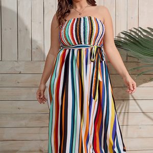 This Plus Size Women Strapless Stripe Casual Beach Dress Made Of Soft And Elastic Fabric. Global Lover Wholesale Plus Size Dresses And Hope Curvy Ladies Find Here a Warm And Exciting Place To Shop Affordable Curvy Dresses Online - Plus Size Casual