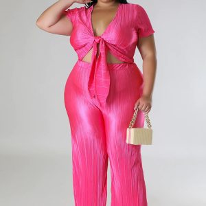 This Plus Size Women Stretch Lace-Up Top And Pleated Wide-Leg Pants Two-Piece Set Design And Made Of Comfortable And Elastic Fabric. Wholesale Plus Size Two Piece Sets Is a Must-Have Item For Curvy Ladies. Two Piece Sets Can Either Be Worn Together Or Individually