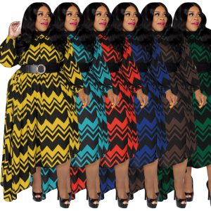 This Plus Size Women Striped Long Sleeve Belted Loose Dress Made Of Soft And Elastic Fabric. Global Lover Wholesale Plus Size Dresses And Hope Curvy Ladies Find Here a Warm And Exciting Place To Shop Affordable Curvy Dresses Online - Plus Size Casual