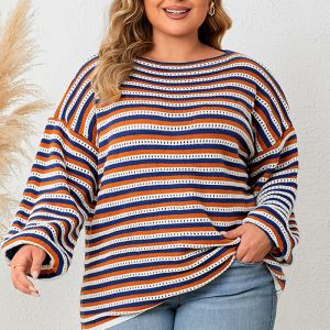 This Plus Size Women Striped Loose Round Neck Top Made Of Comfortable And Elastic Fabric. It Is Wholesale Sexy Plus Size Tops For Women. With The Gradual Rise Of Feminist Awareness