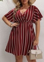 This Plus Size Women Striped v-Neck Short Sleeve Loose Bohemian Dress Made Of Soft And Elastic Fabric. Global Lover Wholesale Plus Size Dresses And Hope Curvy Ladies Find Here a Warm And Exciting Place To Shop Affordable Curvy Dresses Online - Plus Size Casual