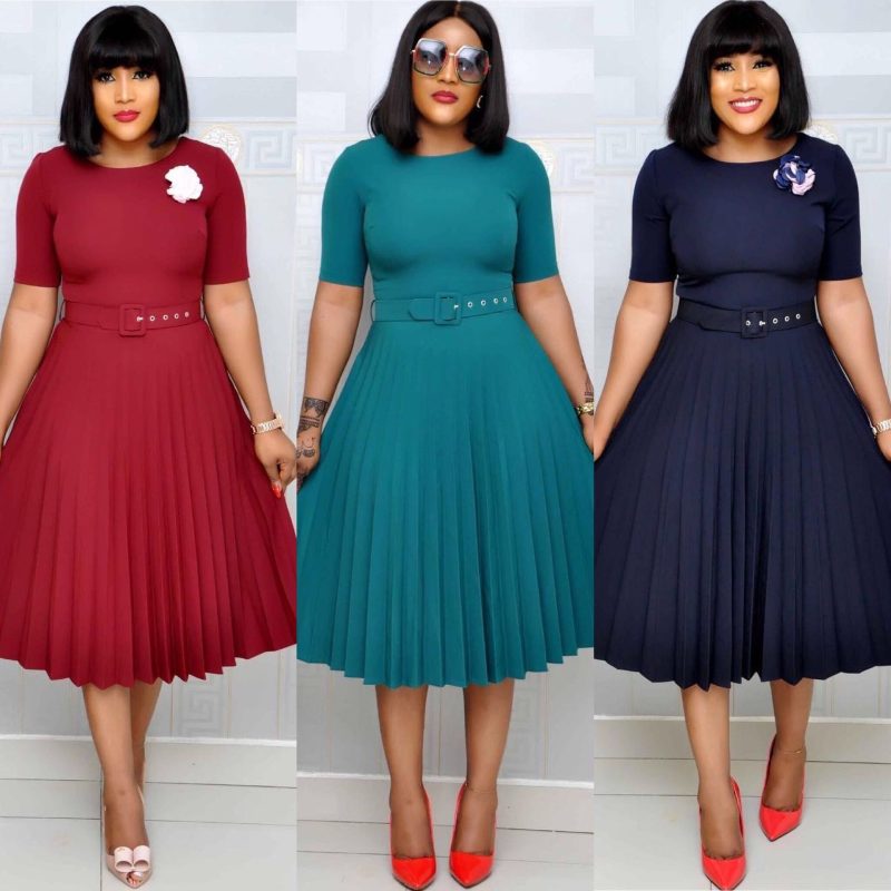 This Plus Size Women Summer African Mom Short Sleeve Round Neck Solid Pleated Dress Design Made Of High Quality Polyster And Spandex Material. It Come With Good Stretch And Wearing Comfortable. Women¡¯s Midi Dresses Is Omnipotent And Suit For All Kinds Of Occasions - Daily Wear