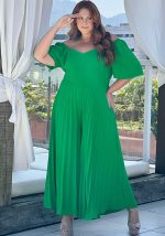 This Plus Size Women Summer Loose v Neck Pleated Wide Leg Jumpsuit Design Made Of High Quality Polyster And Spandex Material. It Is Stretchy