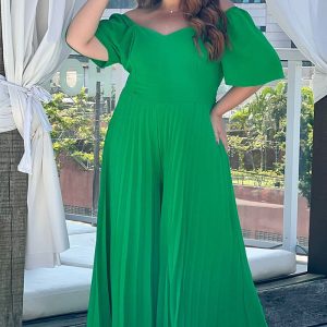 This Plus Size Women Summer Loose v Neck Pleated Wide Leg Jumpsuit Design Made Of High Quality Polyster And Spandex Material. It Is Stretchy