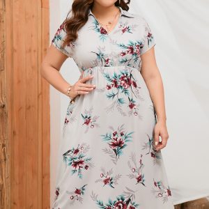 This Plus Size Women Summer Shirt Collar Short Sleeve Slit Maxi Dress Made Of Soft And Elastic Fabric. Global Lover Wholesale Plus Size Dresses And Hope Curvy Ladies Find Here a Warm And Exciting Place To Shop Affordable Curvy Dresses Online - Plus Size Casual