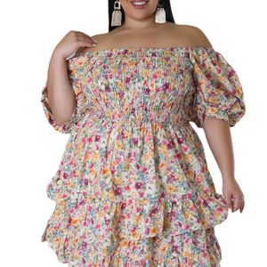 This Plus Size Women Summer Short Sleeve Off Shoulder Floral Print Dress Made Of Soft And Elastic Fabric. Global Lover Wholesale Plus Size Dresses And Hope Curvy Ladies Find Here a Warm And Exciting Place To Shop Affordable Curvy Dresses Online - Plus Size Casual