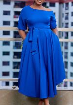 This Plus Size Women Summer Slash Shoulder Lace-Up Dress Design Made Of High Quality Polyster And Spandex Material. It Is Stretchy