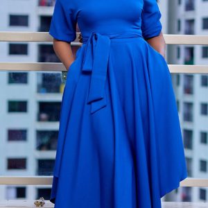 This Plus Size Women Summer Slash Shoulder Lace-Up Dress Design Made Of High Quality Polyster And Spandex Material. It Is Stretchy