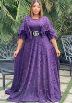 This Plus Size Women Summer Solid Lace Round Neck Ruffled Long Dress Design Made Of High Quality Polyster And Spandex Material