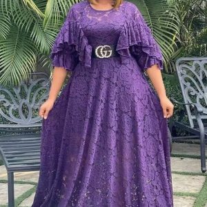 This Plus Size Women Summer Solid Lace Round Neck Ruffled Long Dress Design Made Of High Quality Polyster And Spandex Material