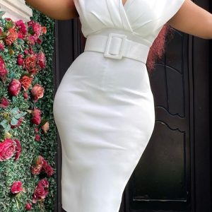 This Plus Size Women Summer v Neck Dress With Belt Design Made Of High Quality Polyster And Spandex Material. It Come With Good Stretch And Wearing Comfortable. Women¡¯s Midi Dresses Is Omnipotent And Suit For All Kinds Of Occasions - Daily Wear