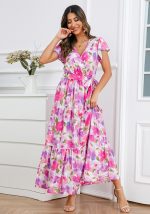 This Plus Size Women Summer v-Neck Ruffle Sleeve Bohemian Print Maxi Dress Design Made Of High Quality Polyster And Spandex Material