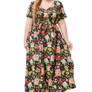 This Plus Size Women Summer v Neck Short Sleeve Printed Bohemian Dress Made Of Soft And Elastic Fabric. Global Lover Wholesale Plus Size Dresses And Hope Curvy Ladies Find Here a Warm And Exciting Place To Shop Affordable Curvy Dresses Online - Plus Size Casual