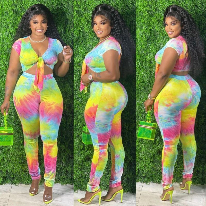 This Plus Size Women Tie Dye Gradient Print Lace Up Sexy Crop Top+ Pant Two Piece Design And Made Of Comfortable And Elastic Fabric. Wholesale Plus Size Two Piece Sets Is a Must-Have Item For Curvy Ladies. Two Piece Sets Can Either Be Worn Together Or Individually