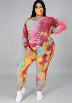 This Plus Size Women Tie Dye Lace-Up Long Sleeve Loose Hoodies Casual Three-Piece Design And Made Of Comfortable And Elastic Fabric. Wholesale Plus Size Two Piece Sets Is a Must-Have Item For Curvy Ladies. Two Piece Sets Can Either Be Worn Together Or Individually