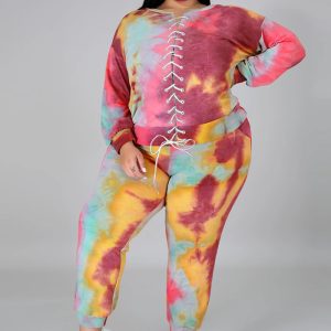 This Plus Size Women Tie Dye Lace-Up Long Sleeve Loose Hoodies Casual Three-Piece Design And Made Of Comfortable And Elastic Fabric. Wholesale Plus Size Two Piece Sets Is a Must-Have Item For Curvy Ladies. Two Piece Sets Can Either Be Worn Together Or Individually