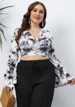 This Plus Size Women Tie Dye Print Lace-Up Deep v Bell Bottom Sleeve Long Sleeve Crop Top Made Of Comfortable And Elastic Fabric. It Is Wholesale Sexy Plus Size Tops For Women. With The Gradual Rise Of Feminist Awareness